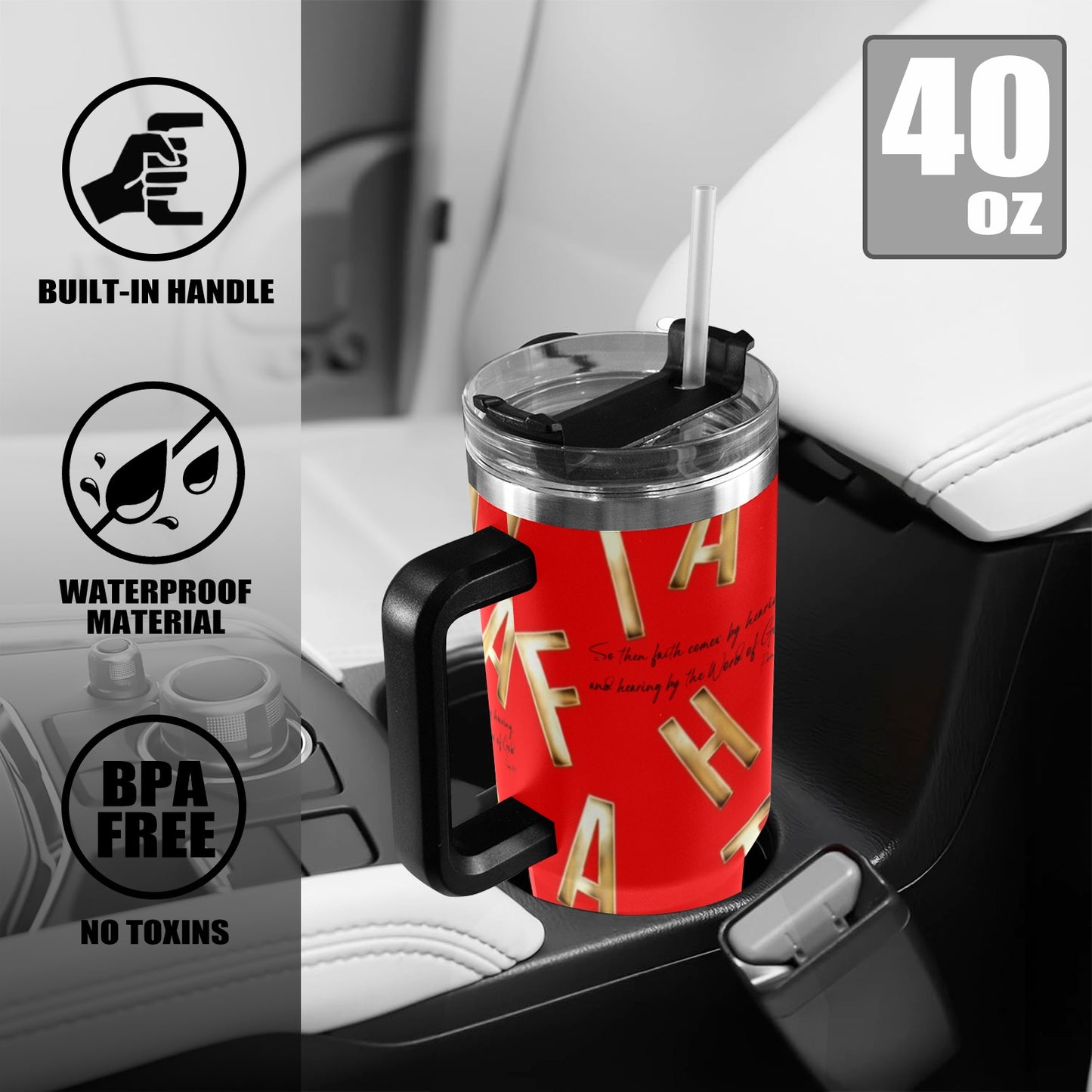 RED FAITH COMES BY HEARING 40oz Tumbler with Black Handle