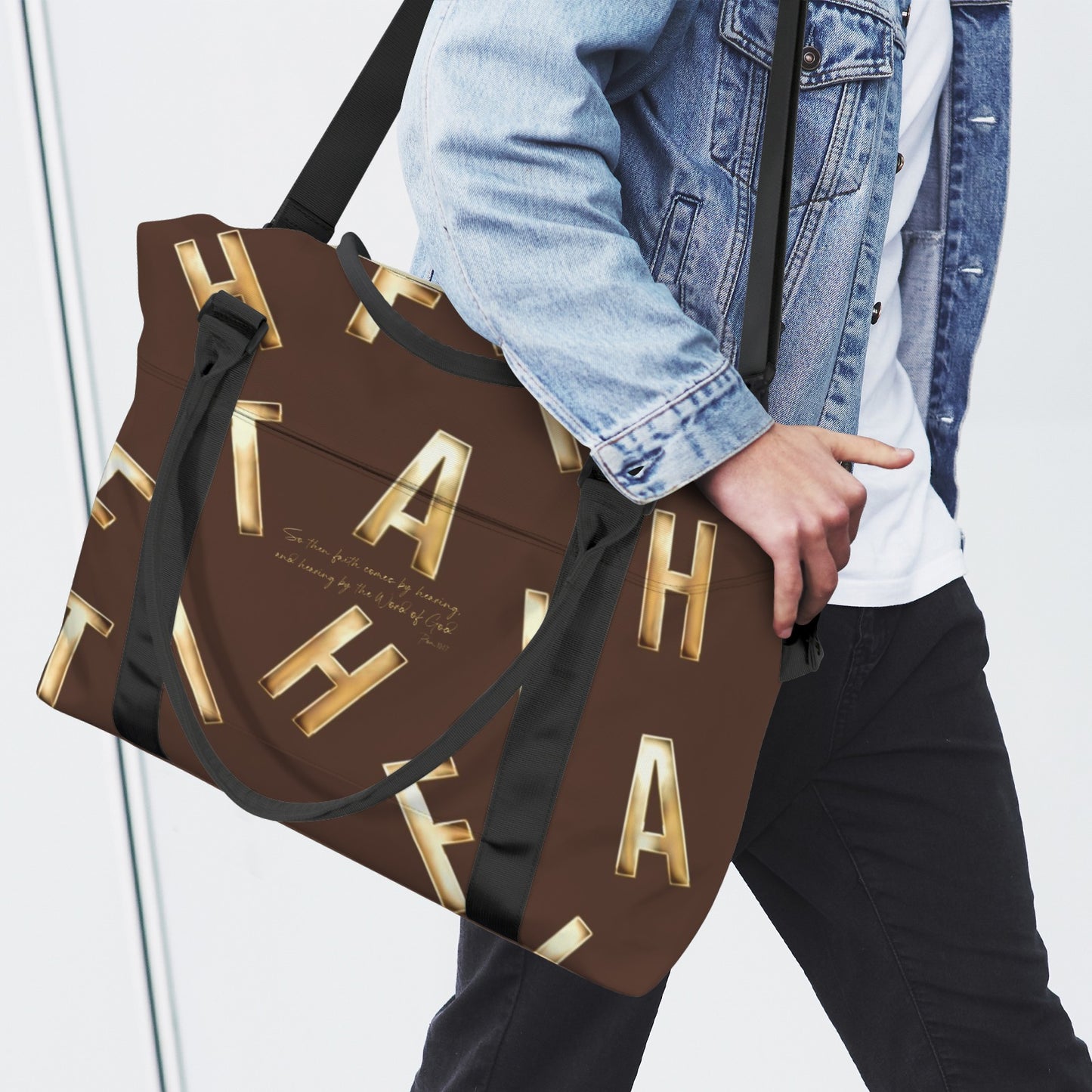 BROWN FAITH COMES BY HEARING TOTE DUFFLE BAG