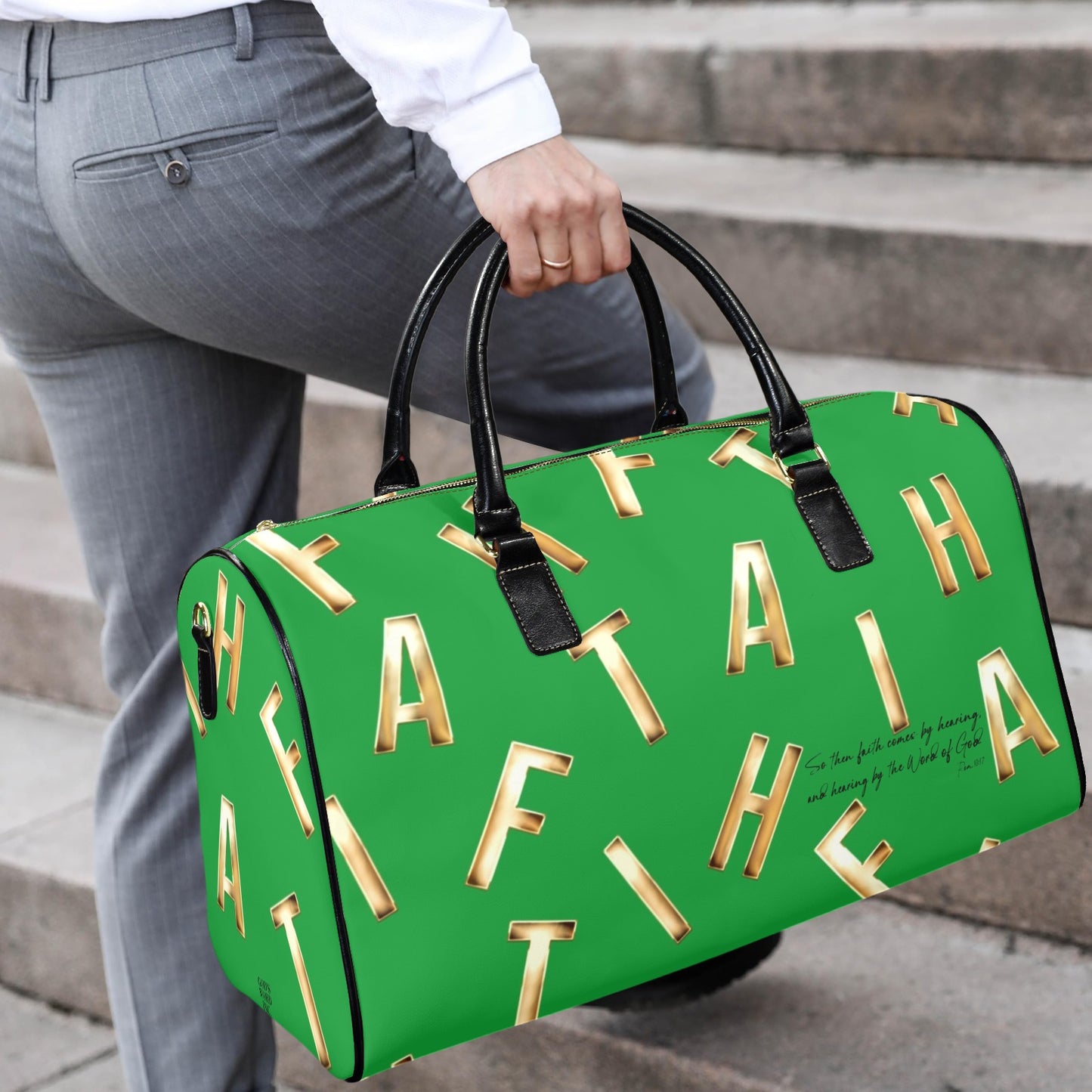 LEATHER GREEN FAITH COMES BY HEARING TRAVEL BAG