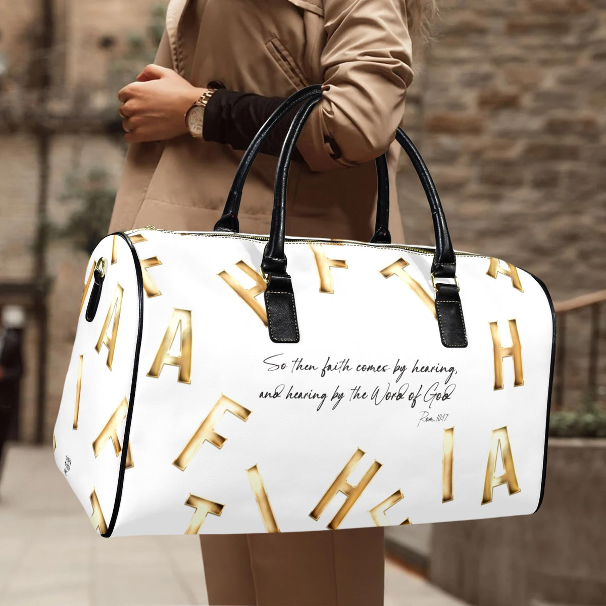 LEATHER WHITE FAITH COMES BY HEARING Travel Bag
