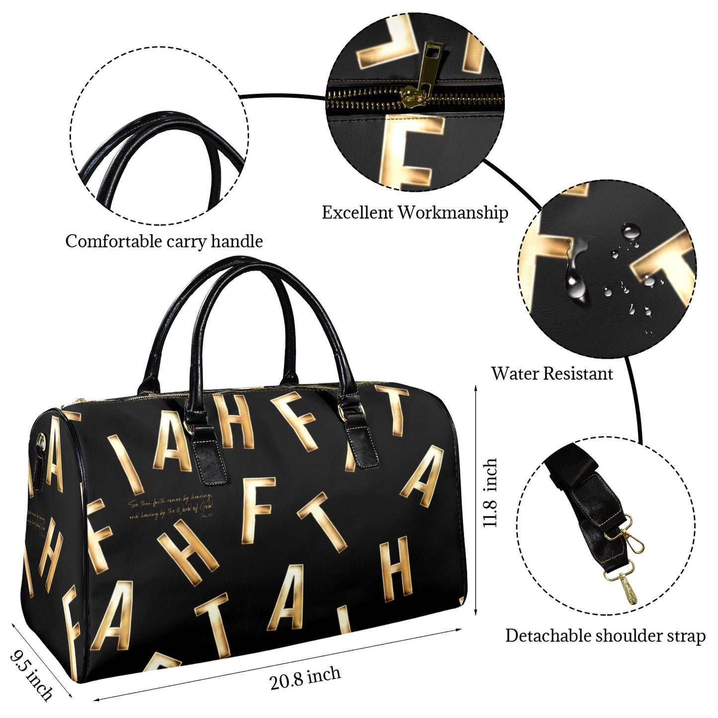 LEATHER BLACK FAITH COMES BY HEARING TRAVEL BAG