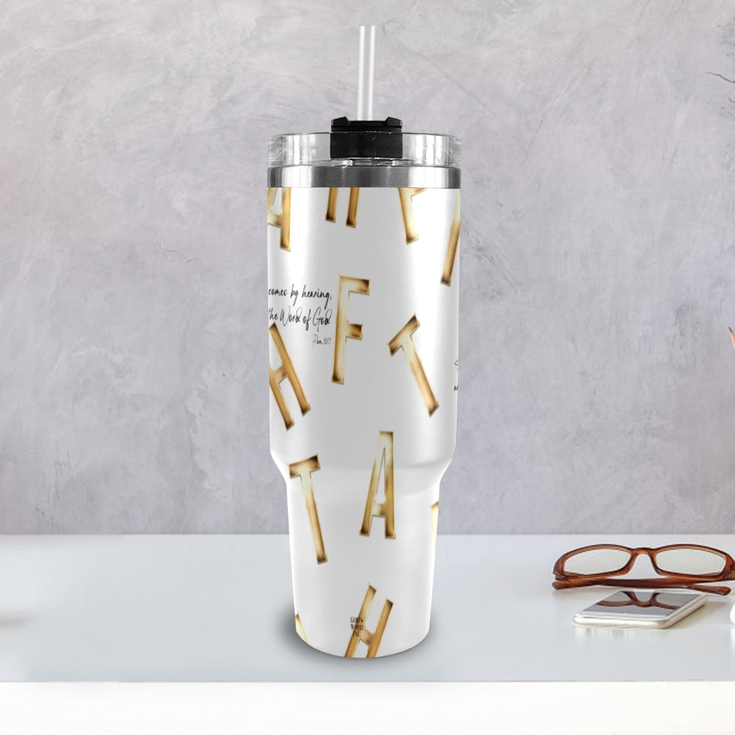 WHITE FAITH COMES BY HEARING 40oz Tumbler with Black Handle