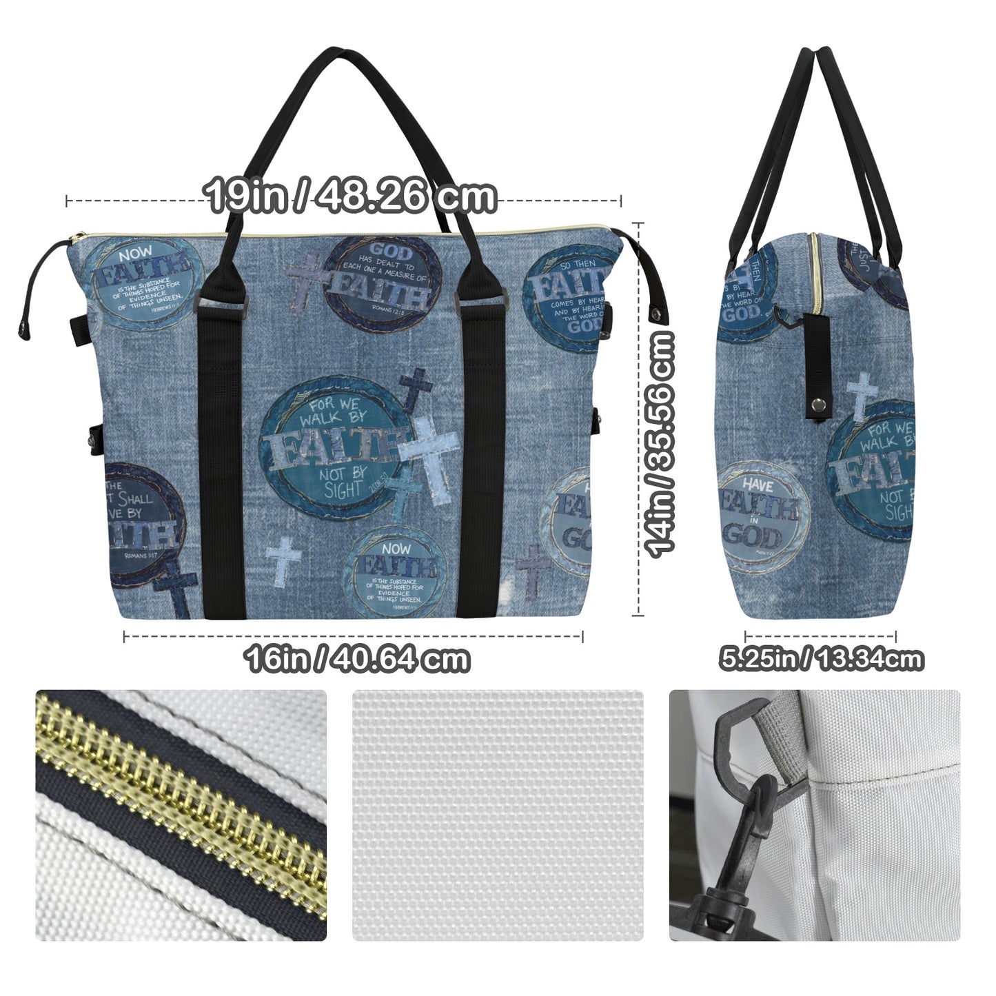 FAUX DENIM FAITH DUFFLE BAG