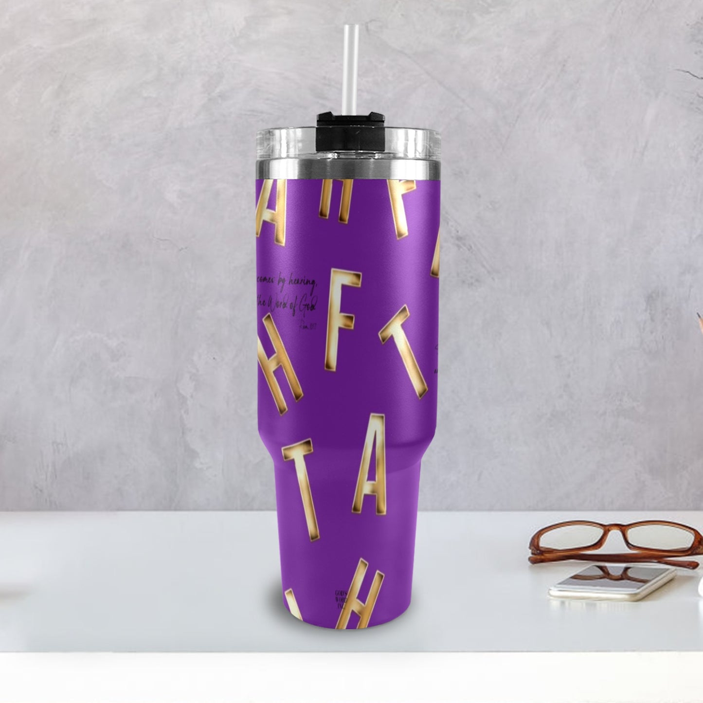 PURPLE FAITH COMES BY HEARING  40oz Tumbler with Black Handle