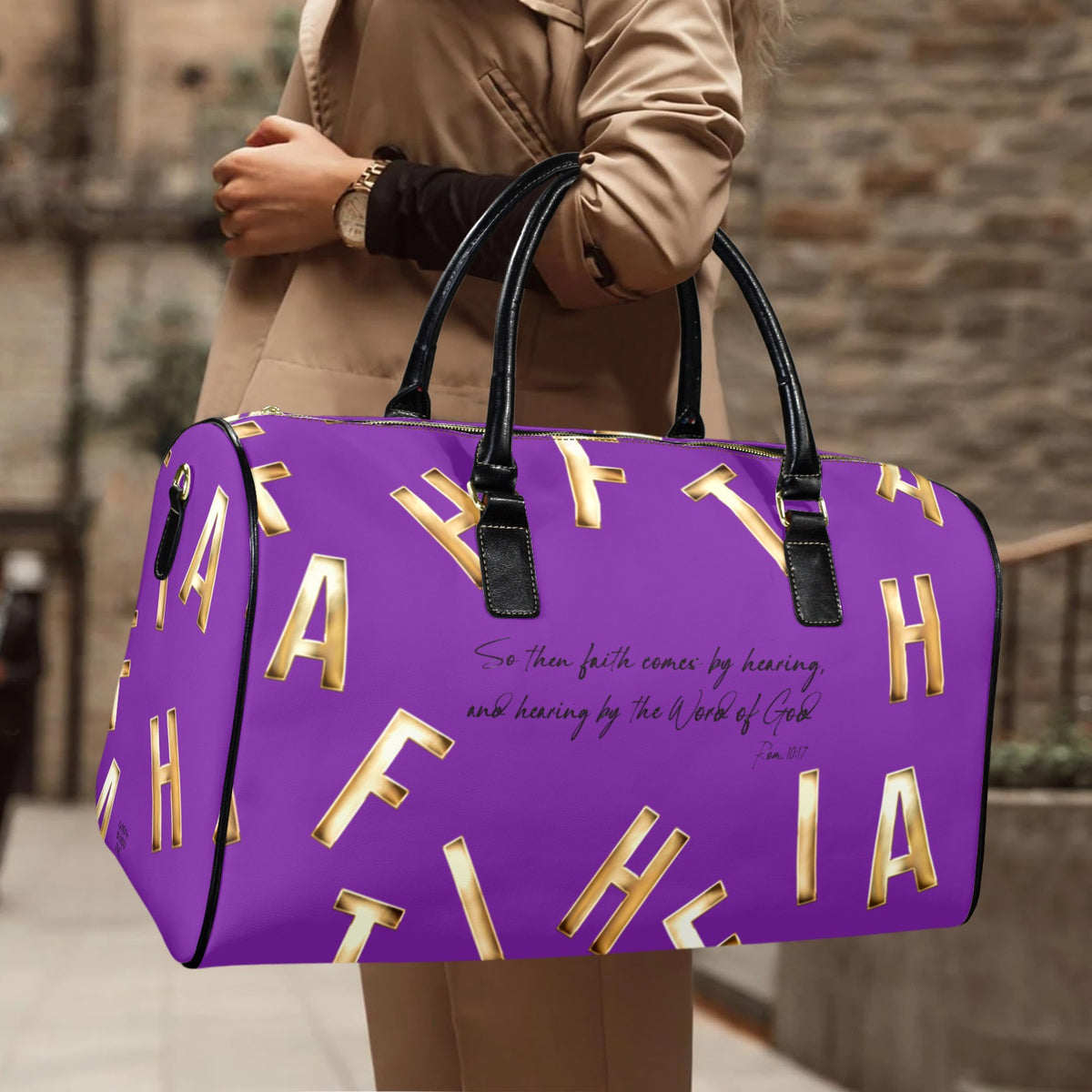 PURPLE LEATHER FAITH COMES BY HEARING  Travel Bag