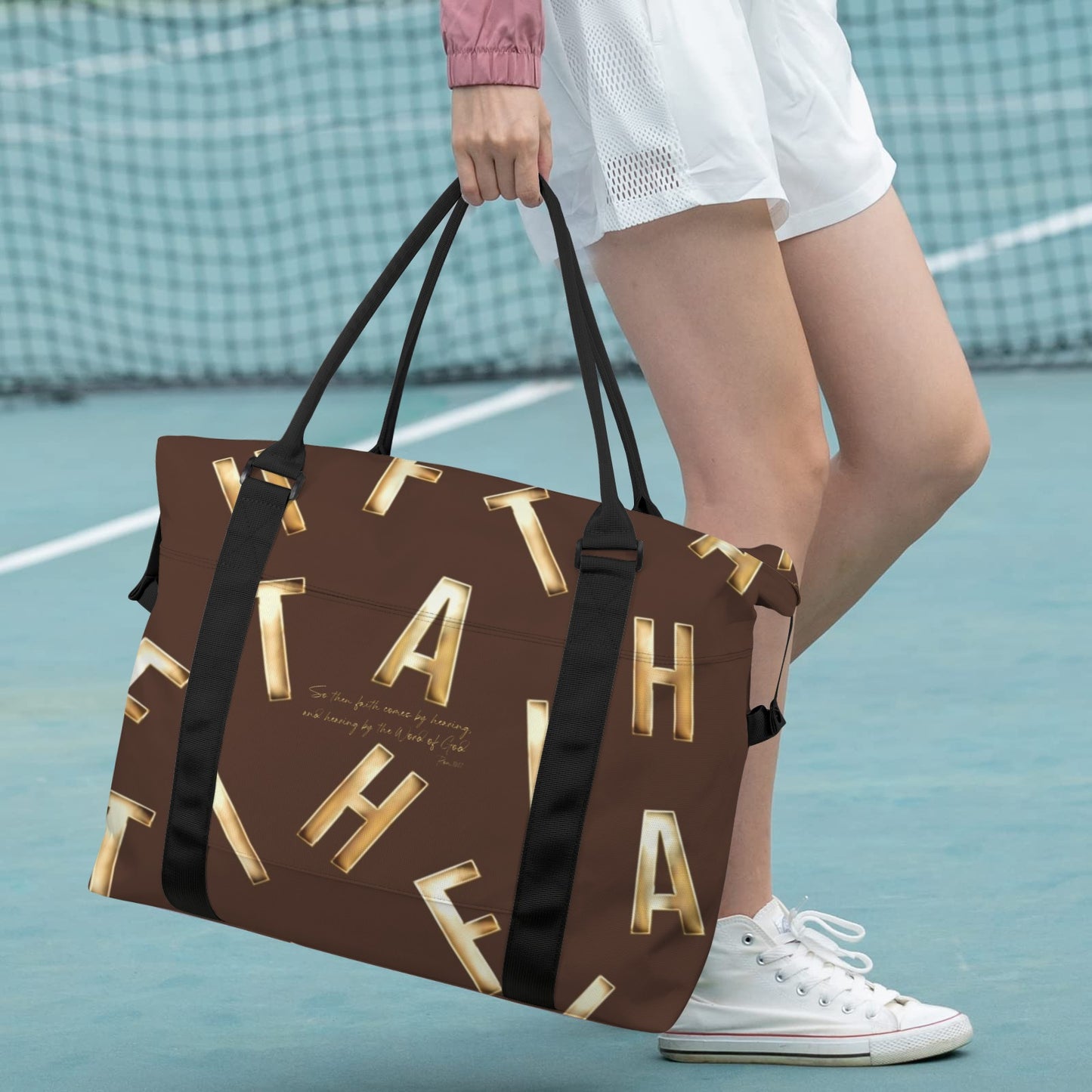 BROWN FAITH COMES BY HEARING TOTE DUFFLE BAG