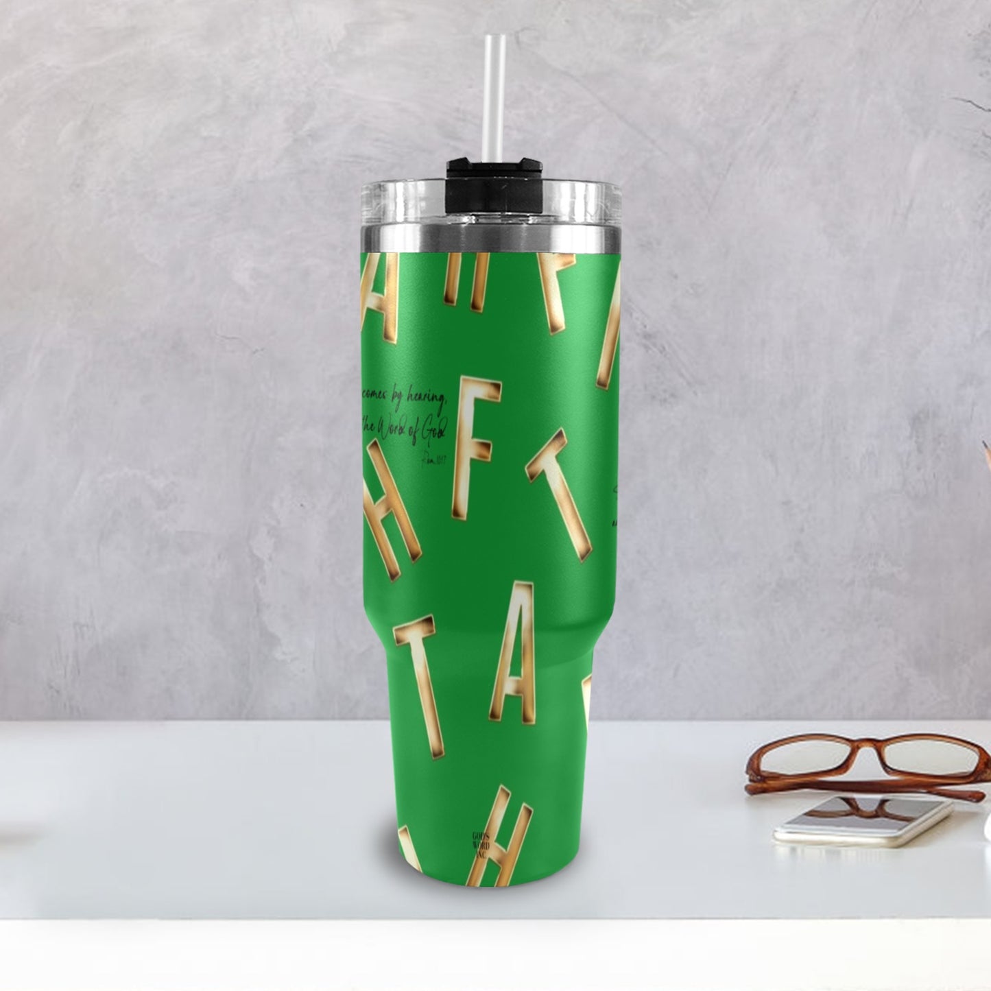 GREEN FAITH COMES BY HEARING  40oz Tumbler with Black Handle