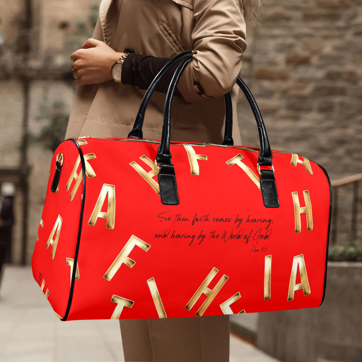 RED LEATHER FAITH COMES BY HEARING Travel Bag