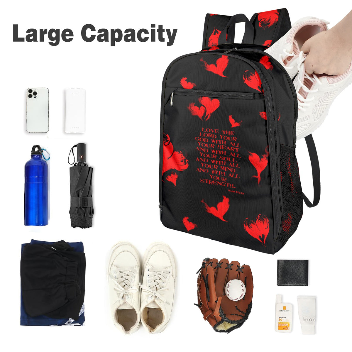 RED LOVE THE LORD WITH  ALL YOUR HEART All Over Print Leisure Sports Backpack