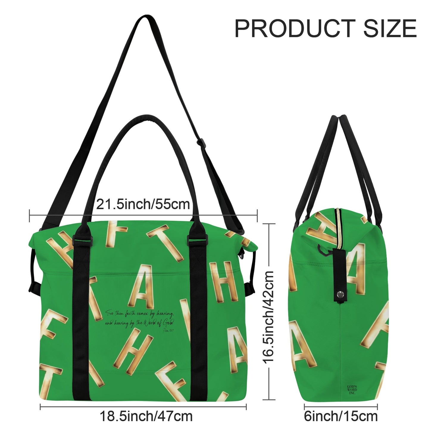 GREEN FAITH COMES BY HEARING DUFFLE BAG