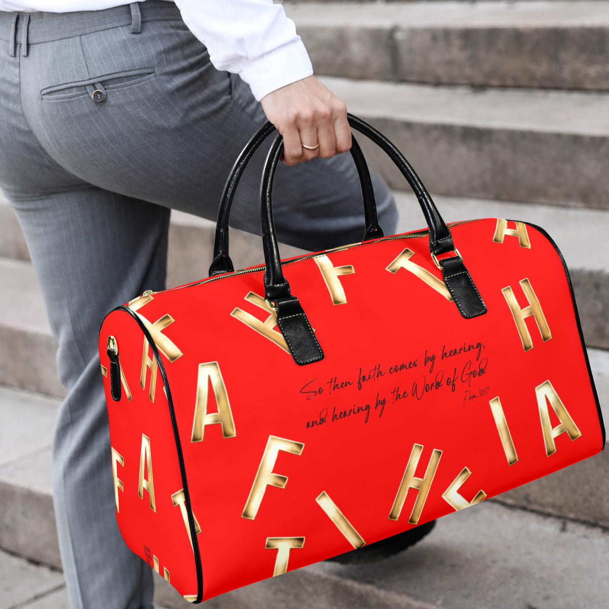 RED LEATHER FAITH COMES BY HEARING Travel Bag