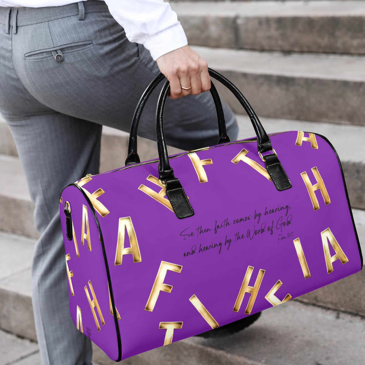 PURPLE LEATHER FAITH COMES BY HEARING  Travel Bag