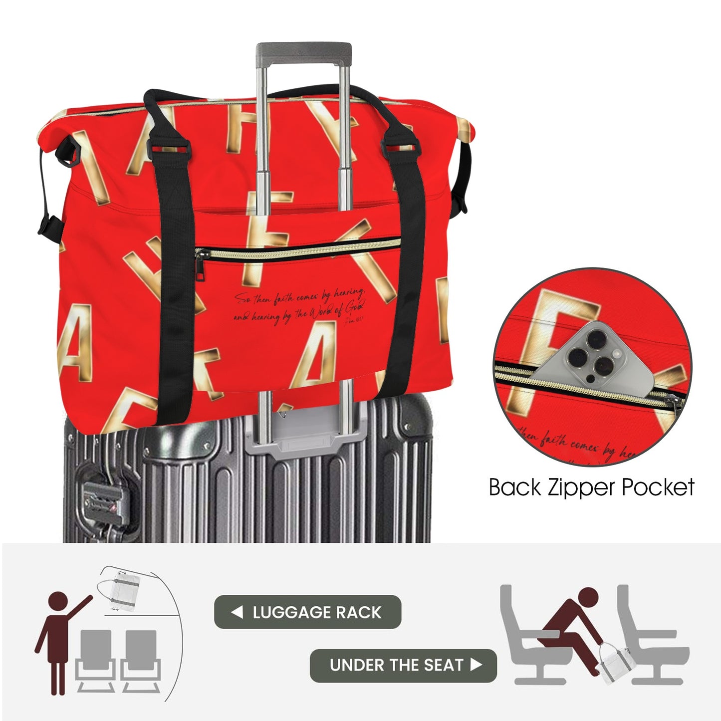 RED FAITH COMES BY HEARING DUFFLE BAG