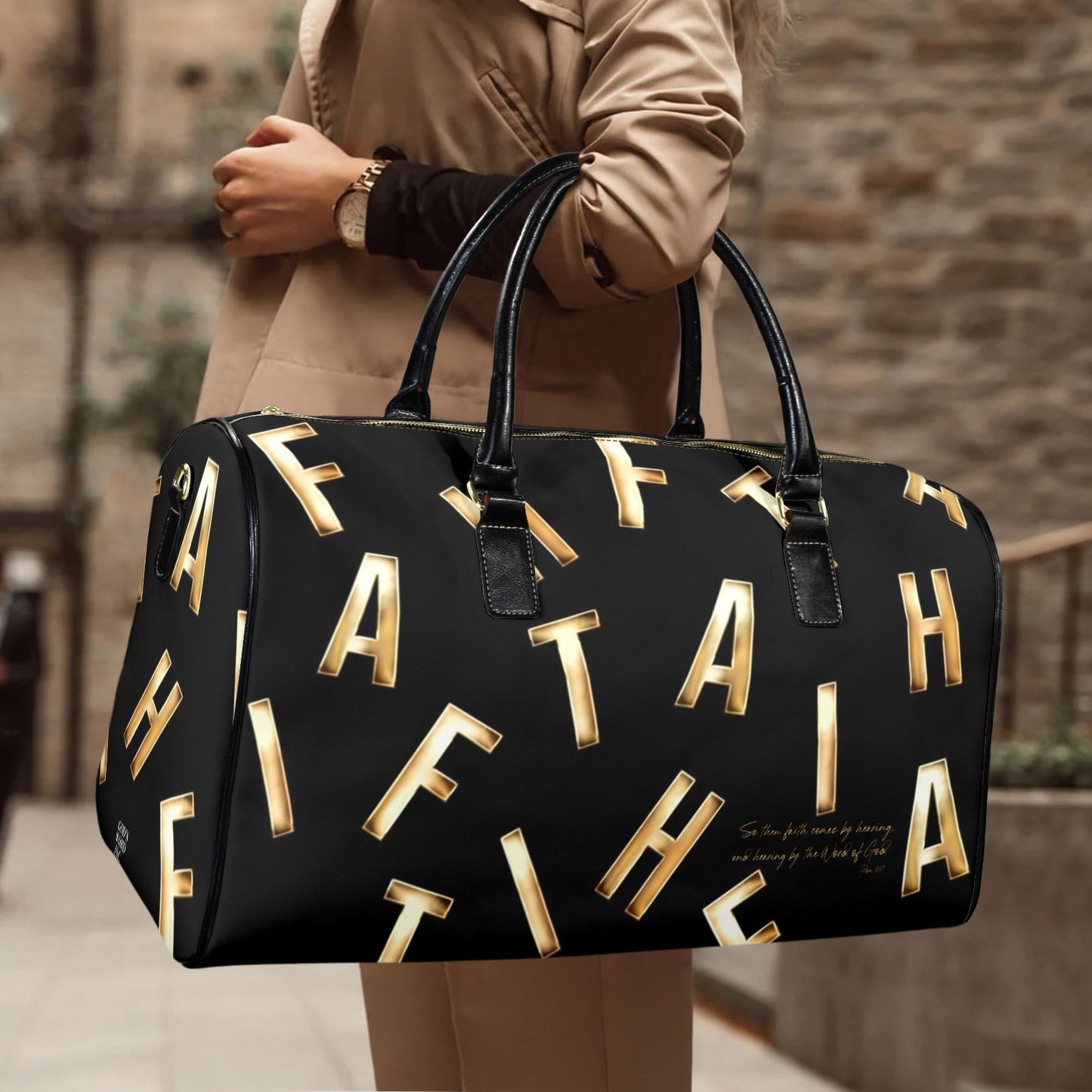 LEATHER BLACK FAITH COMES BY HEARING TRAVEL BAG