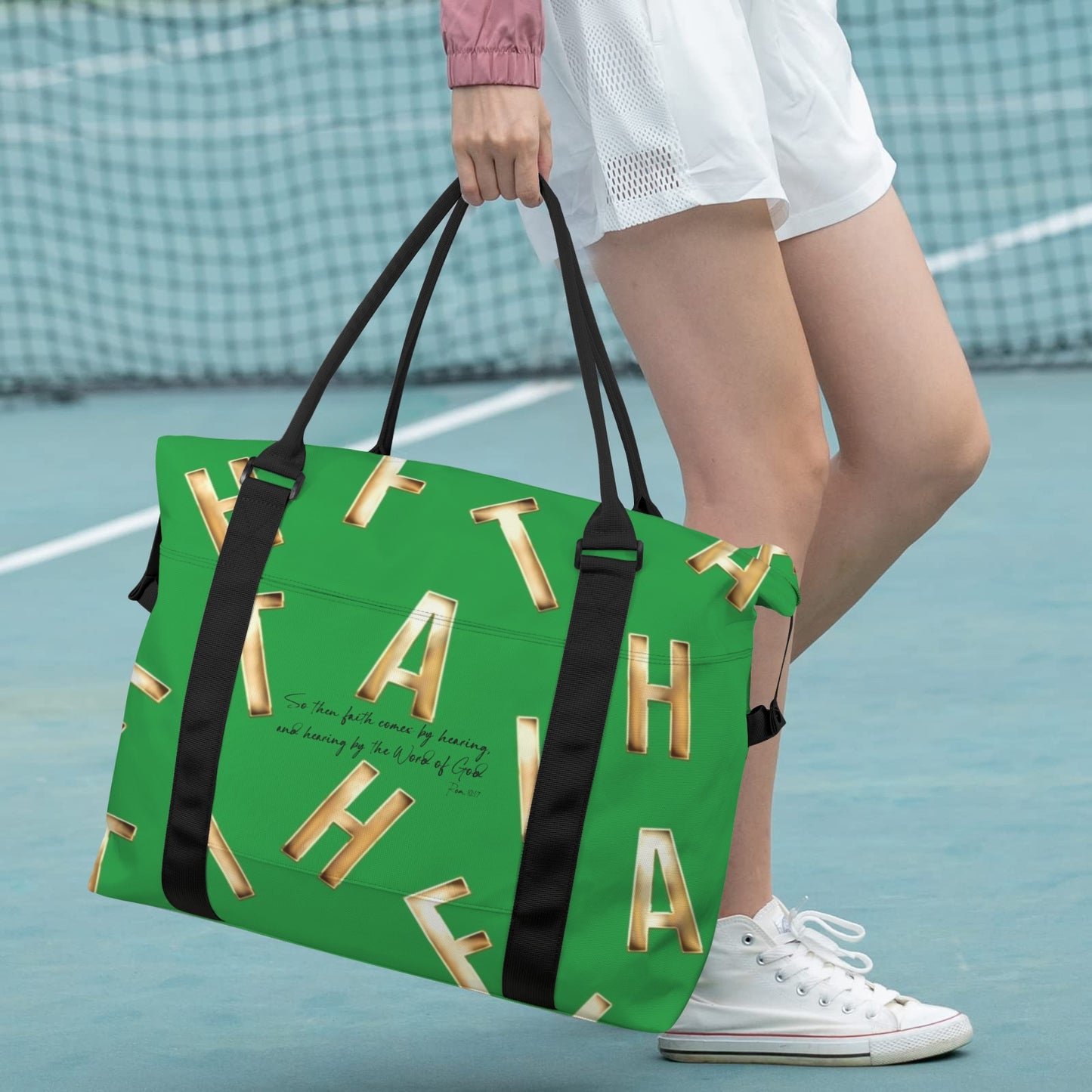 GREEN FAITH COMES BY HEARING DUFFLE BAG