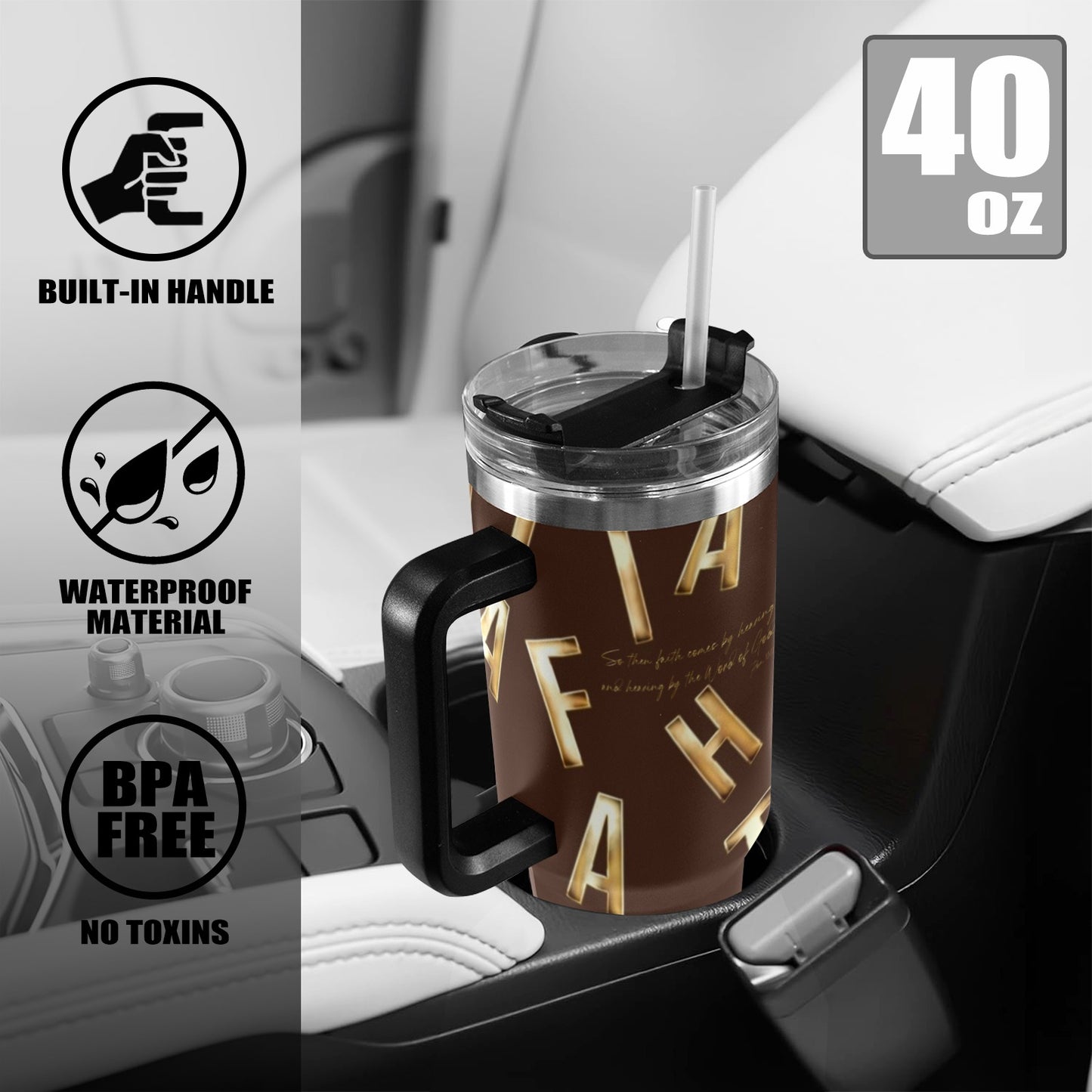BROWN FAITH COMES BY HEARING 40oz Tumbler with Black Handle