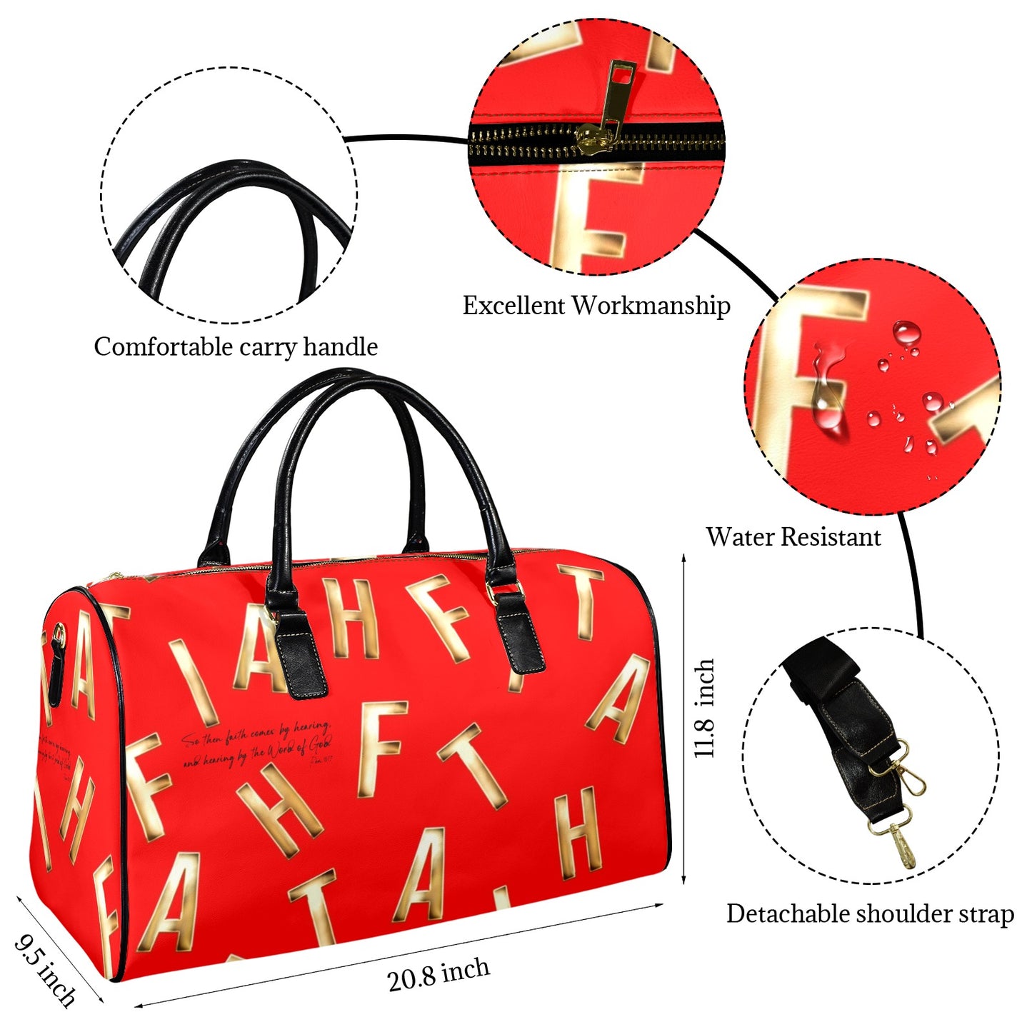 LEATHER RED FAITH COMES BY HEARING TRAVEL BAG