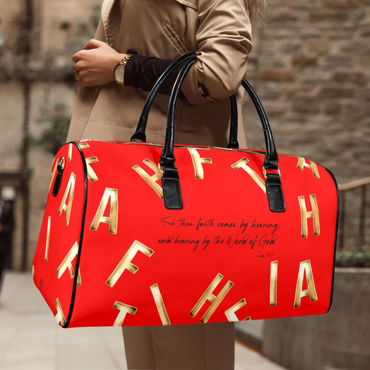 LEATHER RED FAITH COMES BY HEARING Travel Bag