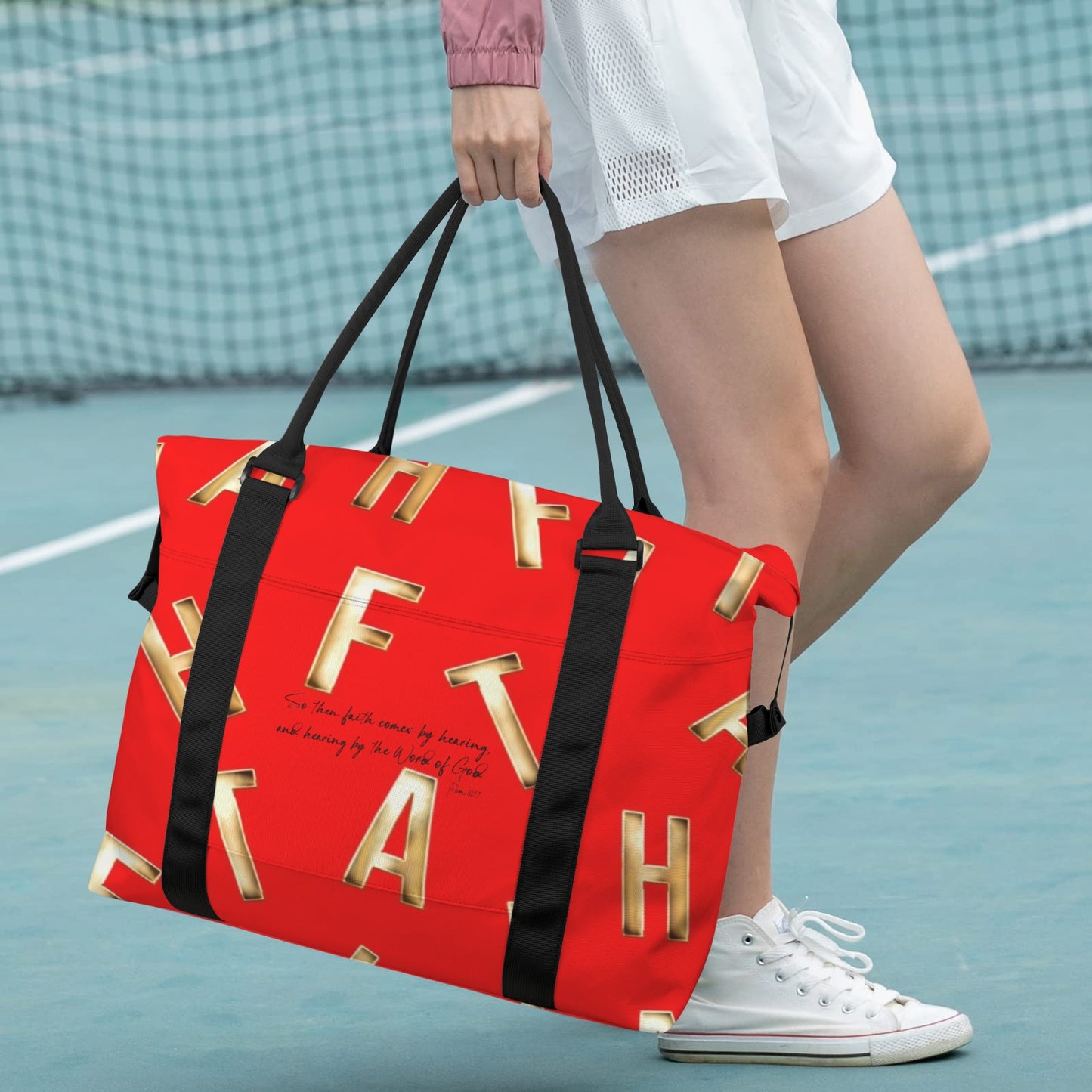 RED FAITH COMES BY HEARING DUFFLE BAG