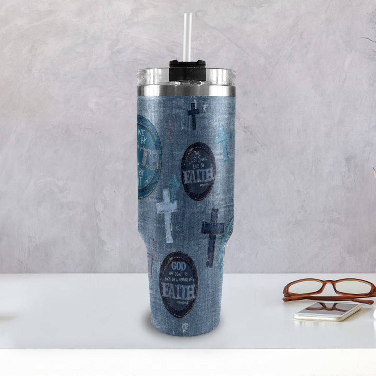 FAUX DENIM FAITH TUMBLER  40oz Tumbler with Black Handle