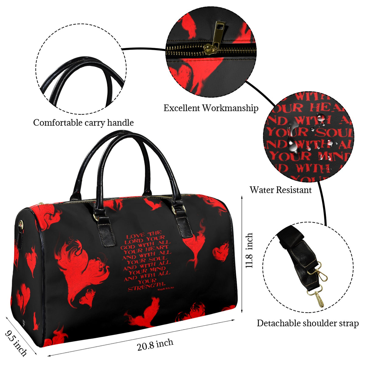 RED LEATHER LOVE THE LORD WITH Y0UR HEART Leather Travel Bag