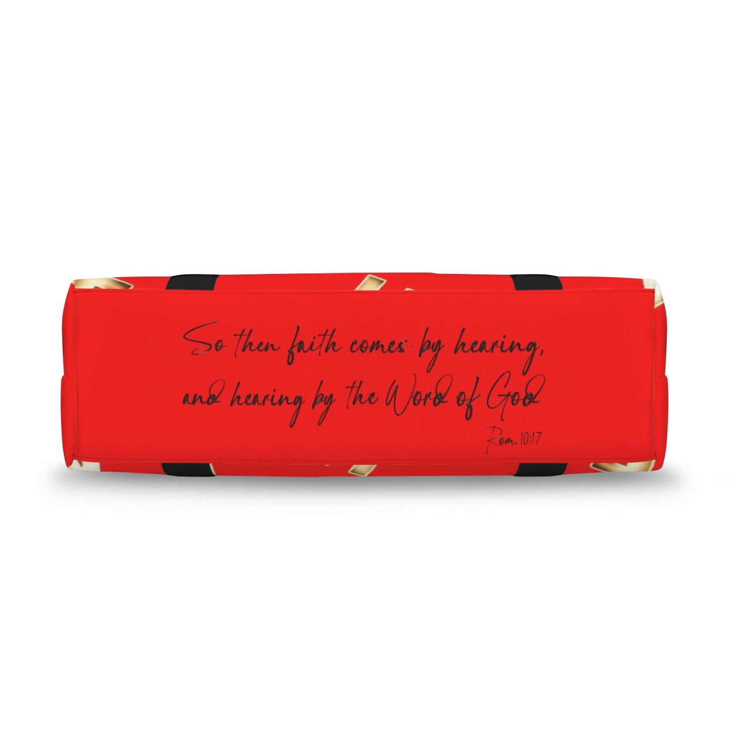 RED FAITH COMES BY HEARING DUFFLE BAG