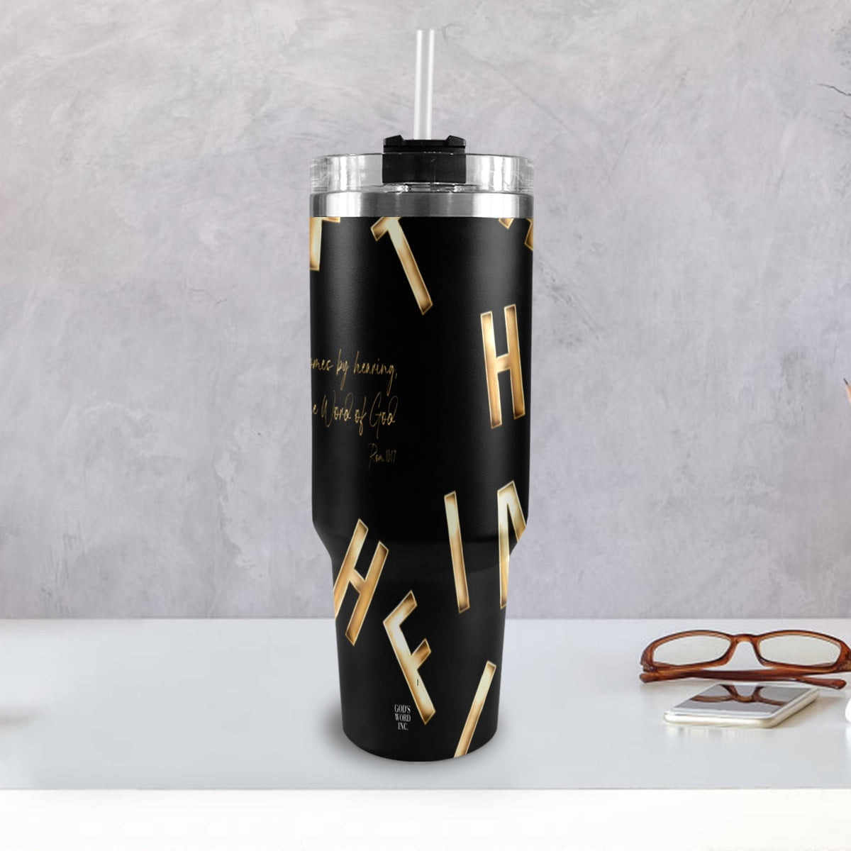 BLACK FAITH COMES BY HEARING 40oz Tumbler with Black Handle