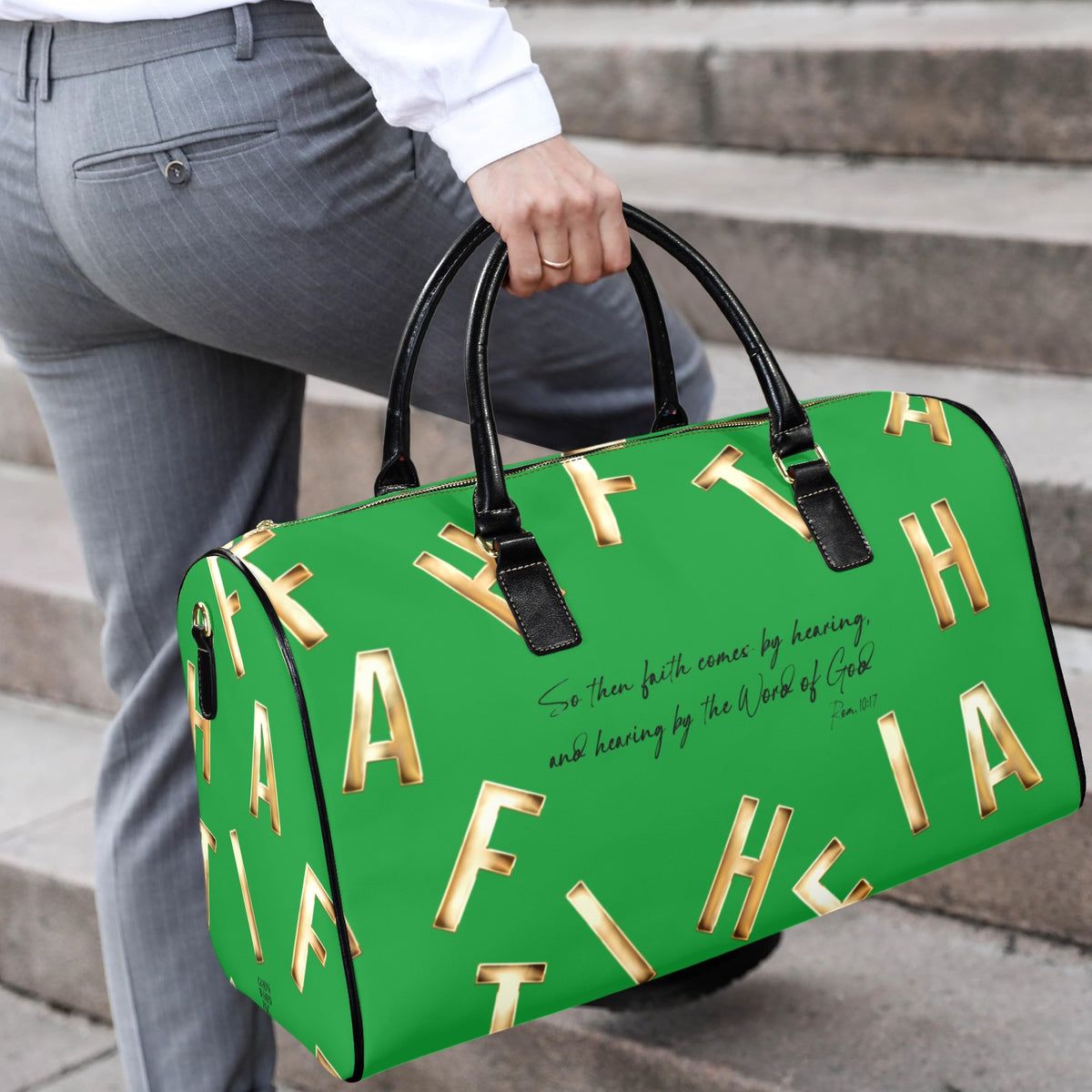 GREEN LEATHER FAITH COMES BY HEARING Travel Bag