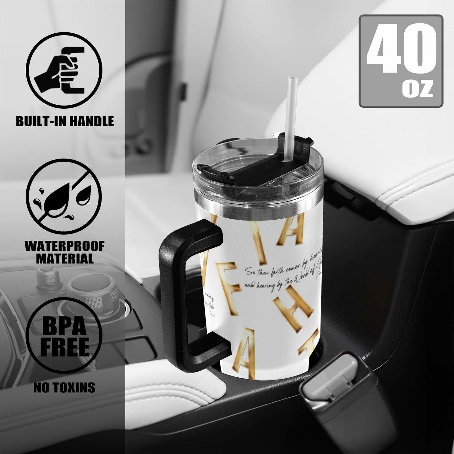 WHITE FAITH COMES BY HEARING 40oz Tumbler with Black Handle