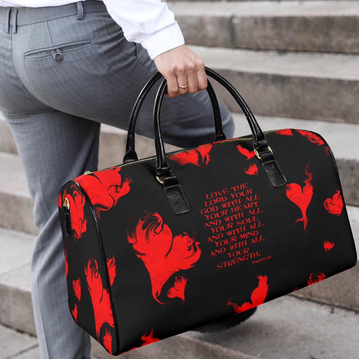 RED LEATHER LOVE THE LORD WITH Y0UR HEART Leather Travel Bag