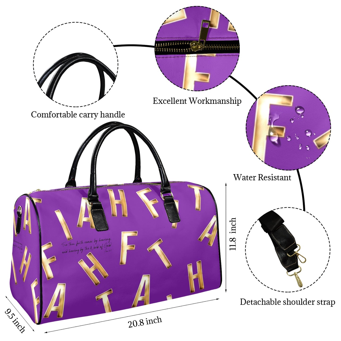 LEATHER PURPLE FAITH COMES BY HEARING TRAVEL BAG