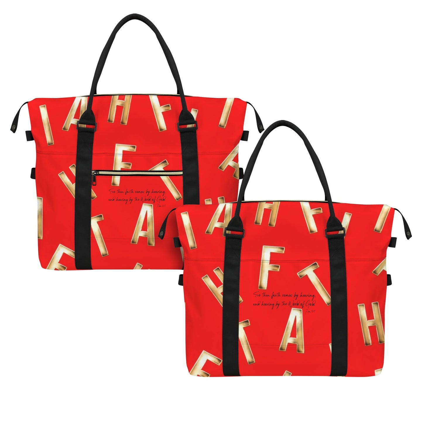 RED FAITH COMES BY HEARING DUFFLE BAG