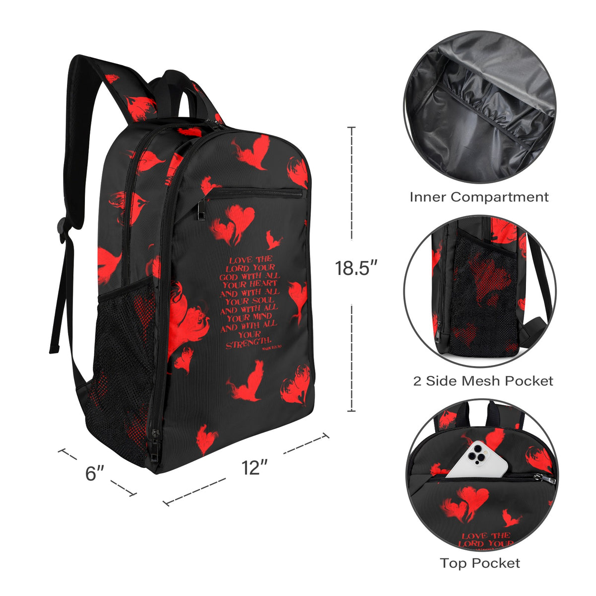 RED LOVE THE LORD WITH  ALL YOUR HEART All Over Print Leisure Sports Backpack