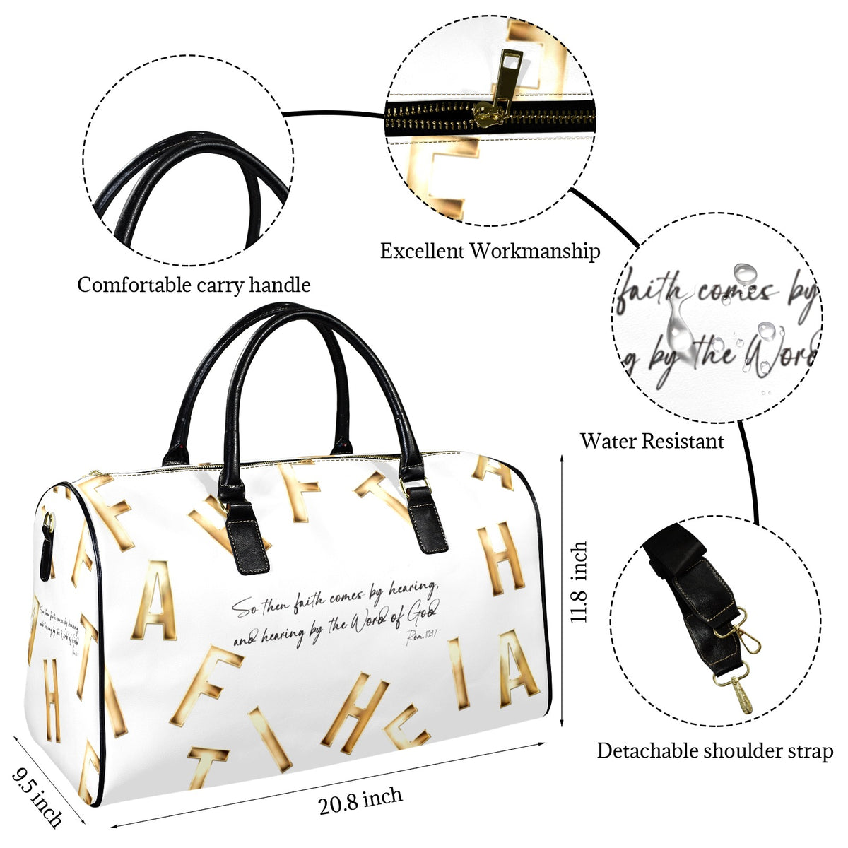 LEATHER WHITE FAITH COMES BY HEARING Travel Bag
