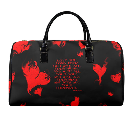 RED LEATHER LOVE THE LORD WITH ALL Y0UR HEART Leather Travel Bag