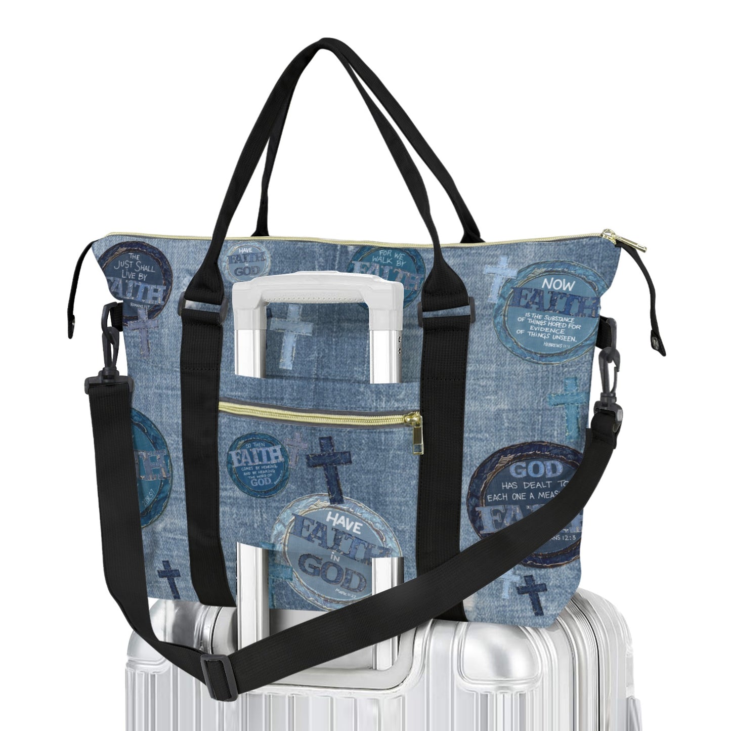 FAUX DENIM FAITH DUFFLE BAG
