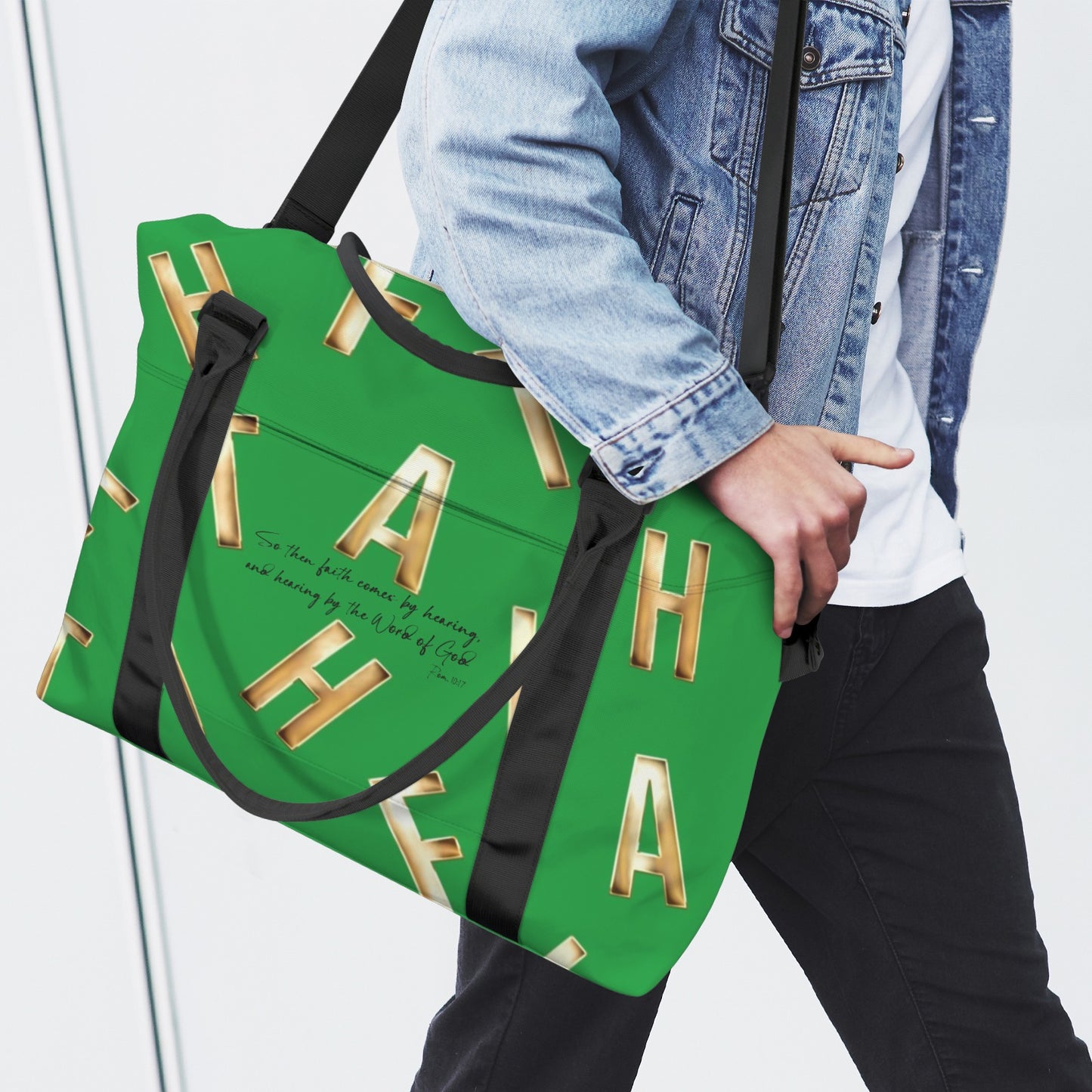 GREEN FAITH COMES BY HEARING DUFFLE BAG