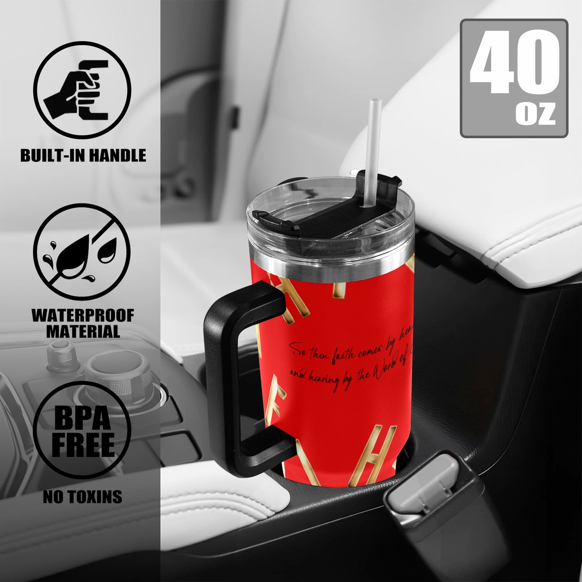 RED FAITH COMES BY HEARING  40oz Tumbler with Black Handle