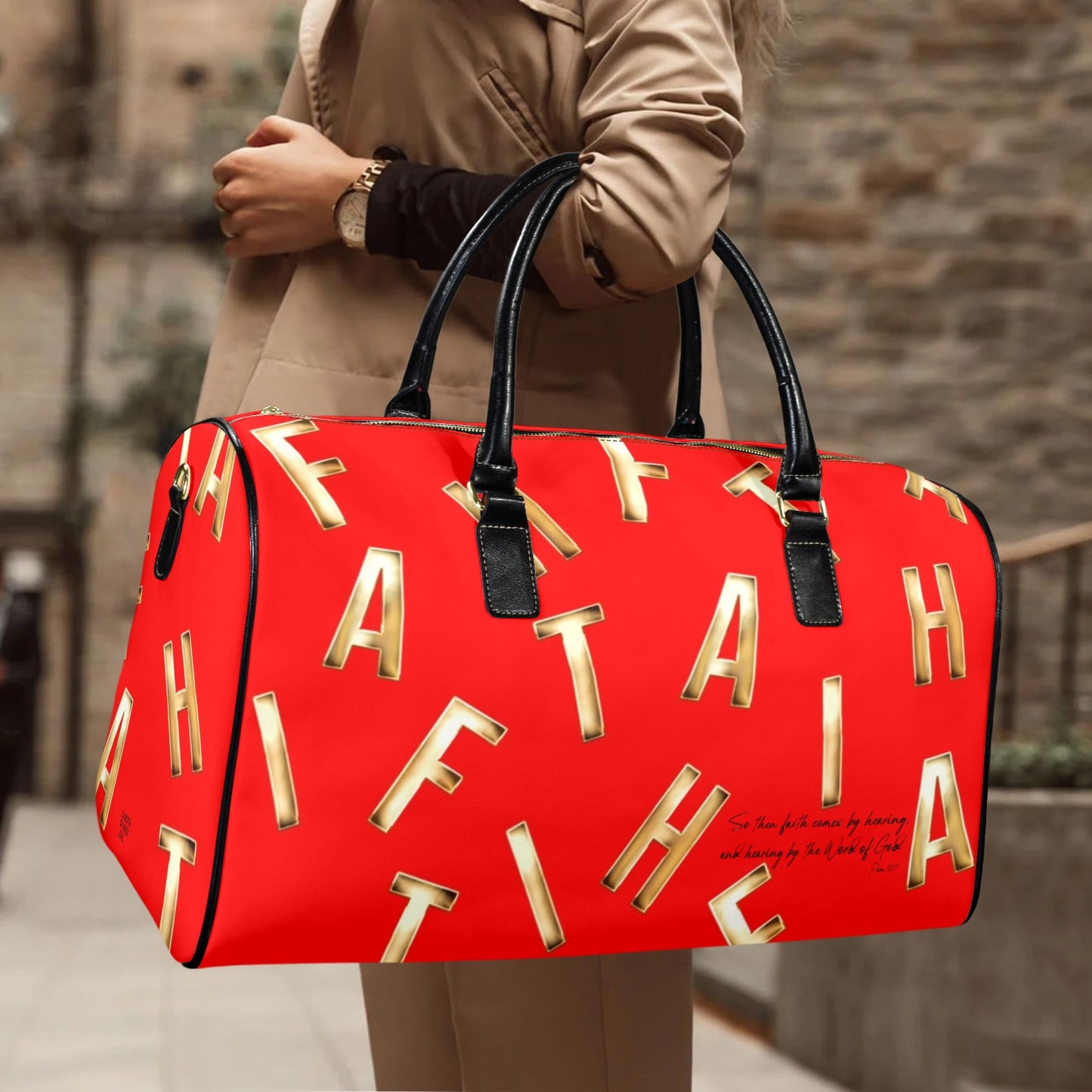 LEATHER RED FAITH COMES BY HEARING TRAVEL BAG