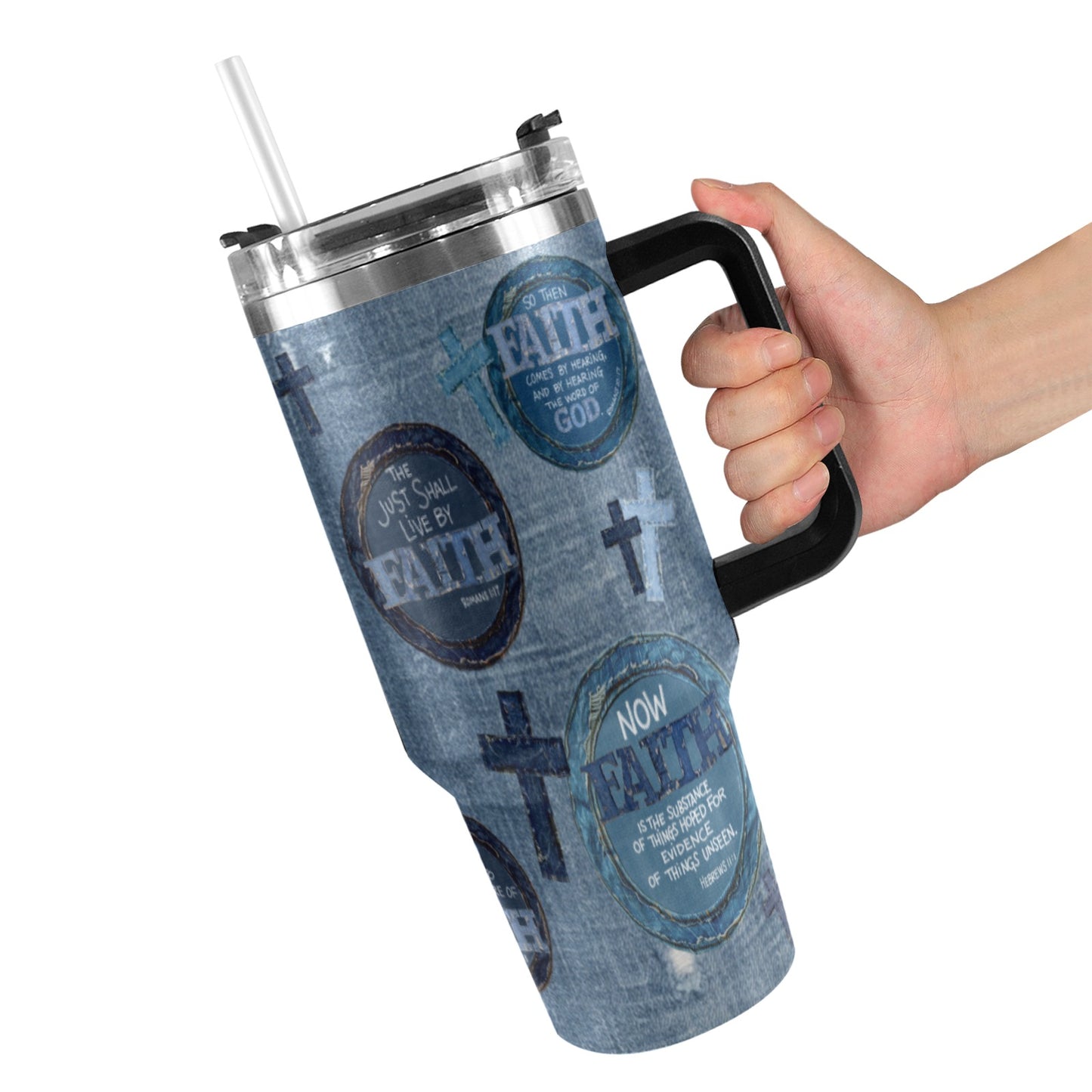FAUX DENIM FAITH 40oz Tumbler with Black Handle
