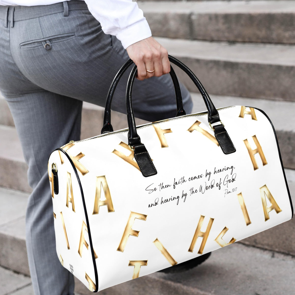LEATHER WHITE FAITH COMES BY HEARING Travel Bag