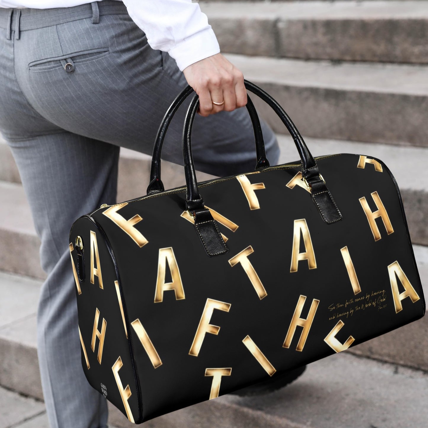 LEATHER BLACK FAITH COMES BY HEARING TRAVEL BAG