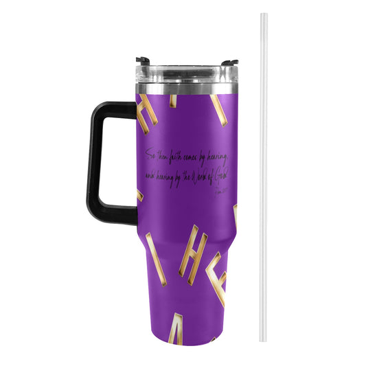 PURPLE FAITH COMES BY HEARING 40oz Tumbler with Black Handle