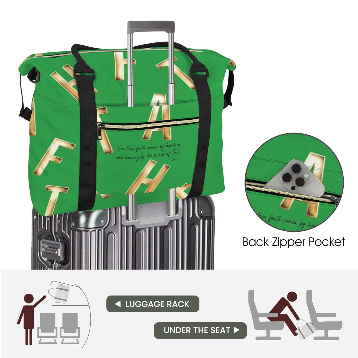 GREEN FAITH COMES BY HEARING DUFFLE BAG