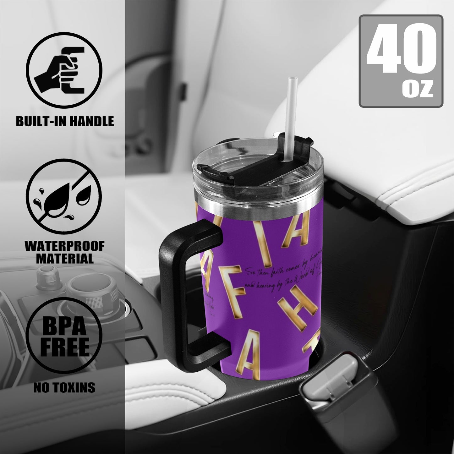 PURPLE FAITH COMES BY HEARING  40oz Tumbler with Black Handle