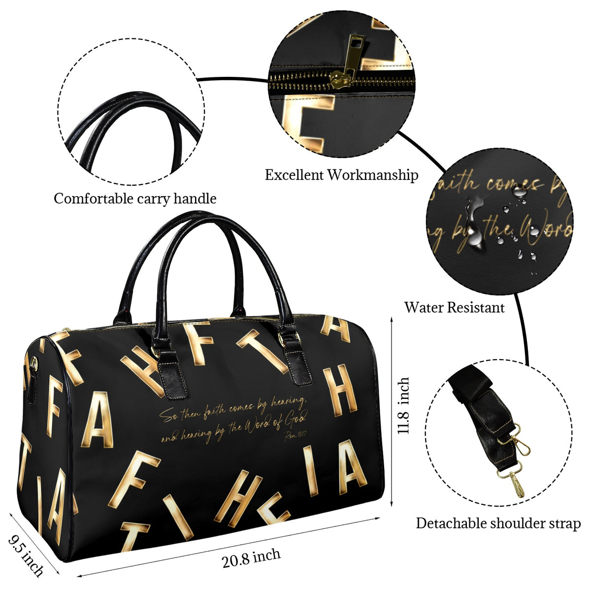 BLACK LEATHER FAITH COMES BY HEARING Travel Bag