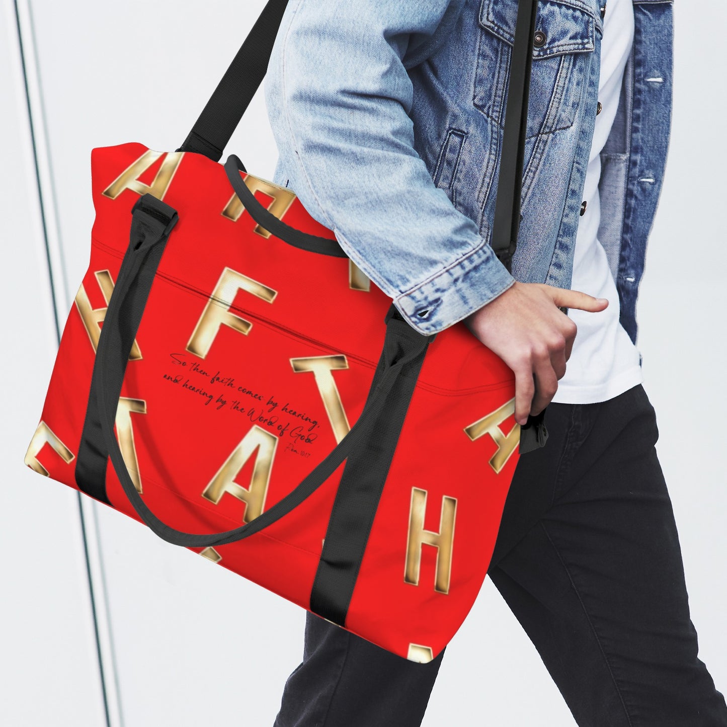 RED FAITH COMES BY HEARING DUFFLE BAG