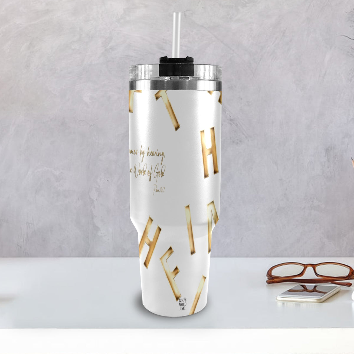 WHITE FAITH COMES BY HEARING 40oz Tumbler with Black Handle
