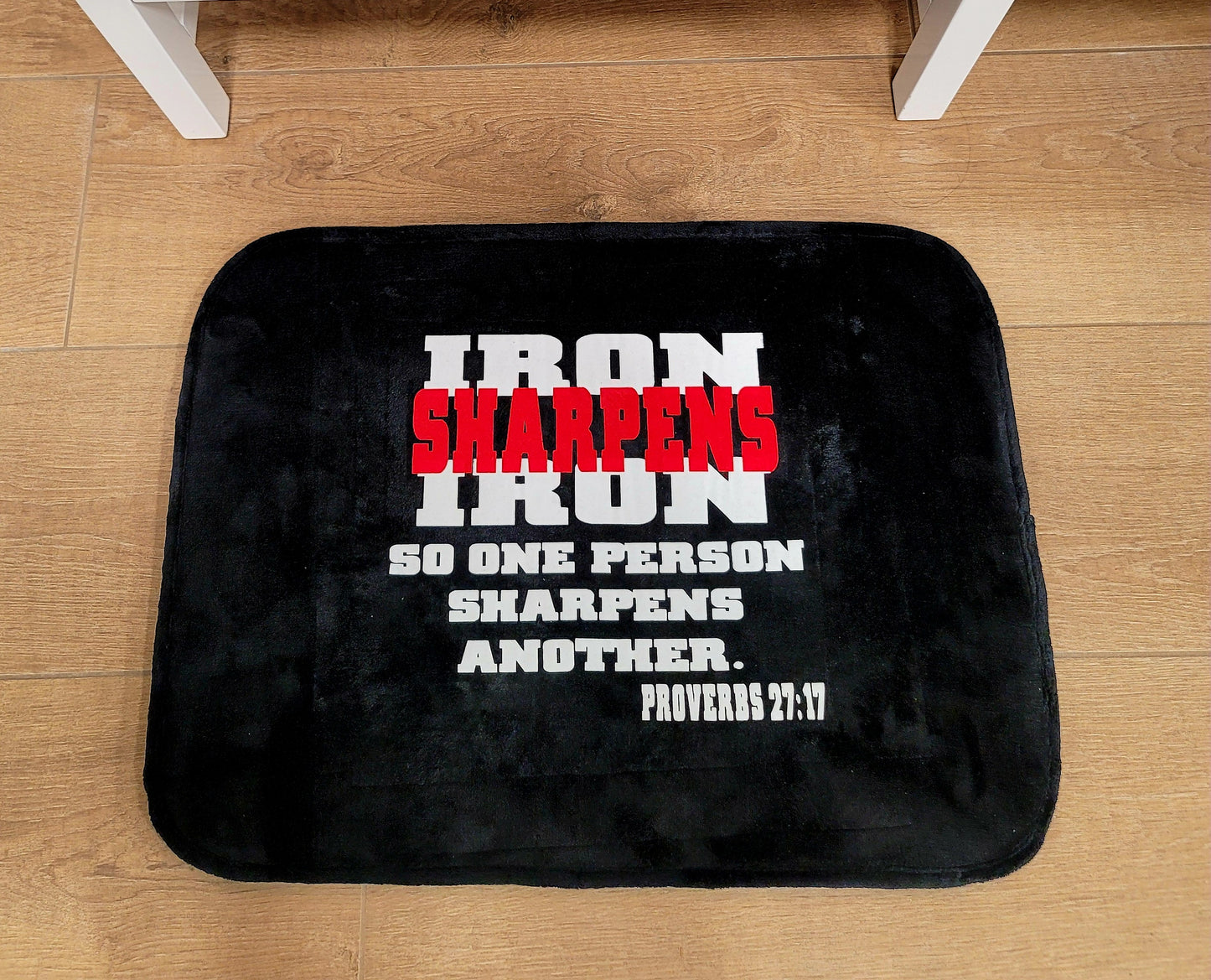 Bible Verse Scripture Memory Foam Bath Mat and Hand Towel Set Iron Sharpens Iron