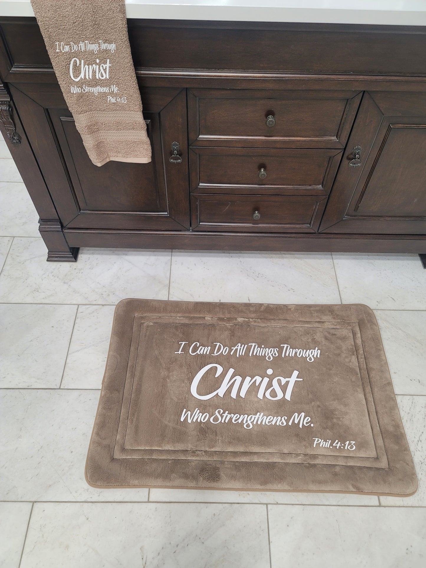 Bible Verse Scripture Memory Foam Bath Mat and Hand Towel Set I Can Do All Things...